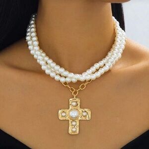 Pearl Necklace with Cross Pendant Necklace